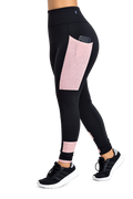 Calça Legging Preta com Detalhe Rosê, Bolso Lateral e Recorte em Tela