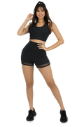 Conjunto Fitness Preto Cintura Alta com  Detalhe em Tela – Short com Recorte  e Cropped Nadador