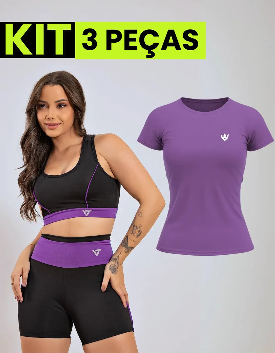 Kit Conjunto Fitness Feminino + Camiseta ( 3 peças)