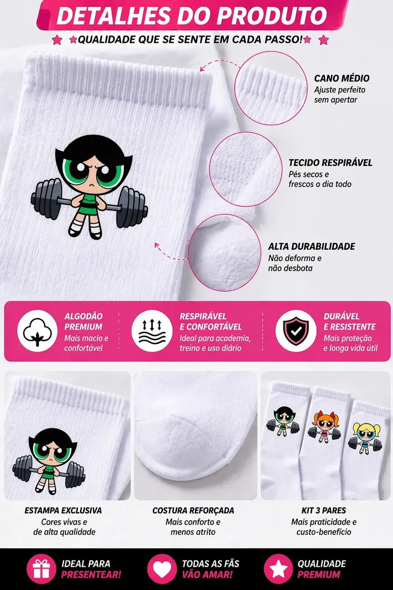 Kit 3 Pares de Meias  Treino Meninas Super  Poderosas