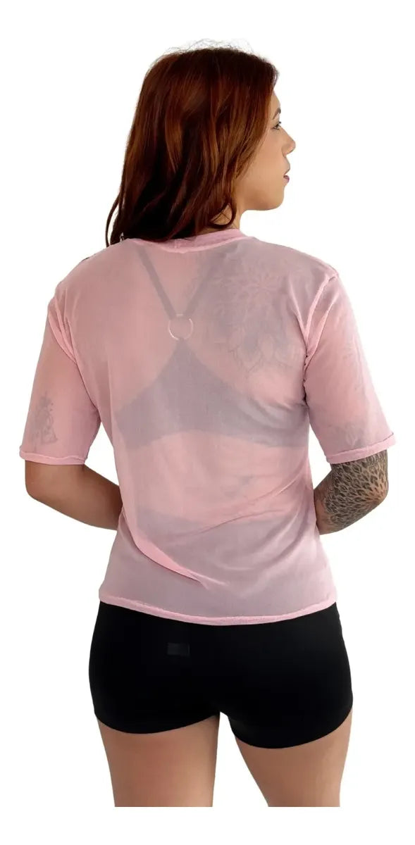 Blusa Feminina Camiseta Tule Transparente Academia Fitness