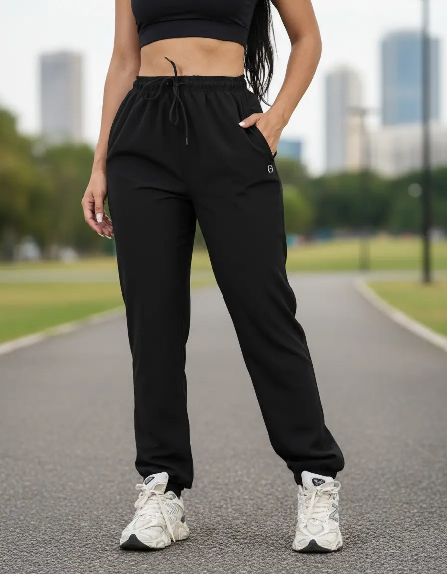Calça Feminina Jogger Em Tactel Com Elastano Bolsos E Cordão