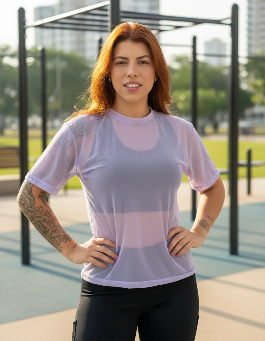 Blusa Feminina Camiseta Tule Transparente Academia Fitness