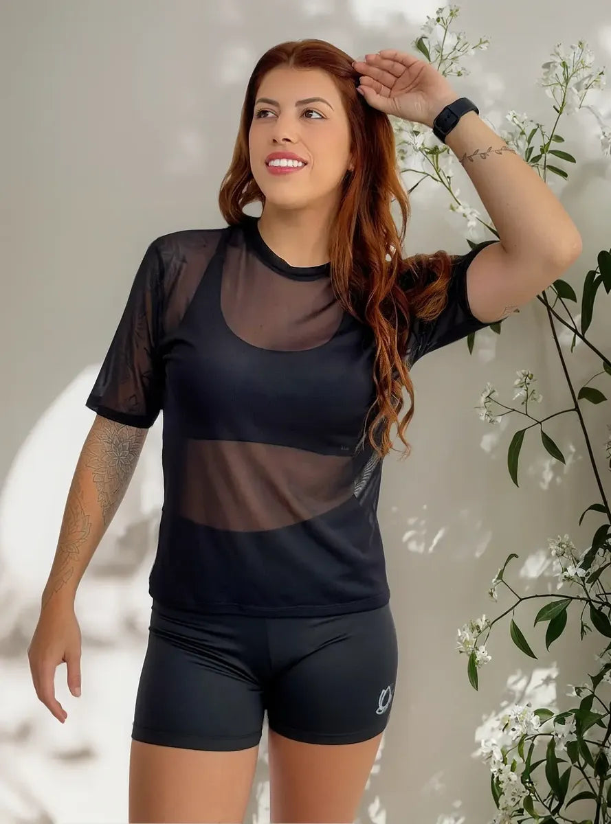 Blusa Feminina Camiseta Tule Transparente Academia Fitness