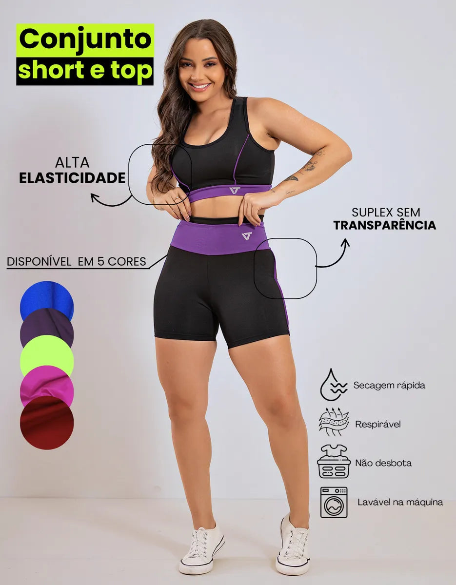 Kit Conjunto Fitness Feminino + Camiseta ( 3 peças)