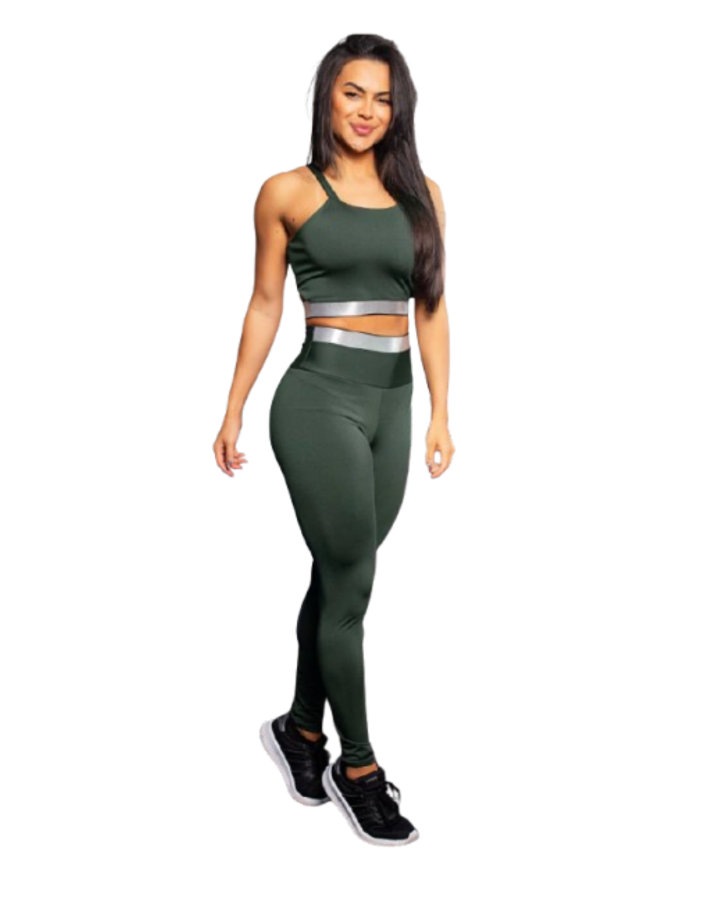 Conjunto Fitness Calça Legging Cintura Alta + Cropped Alcinha Verde