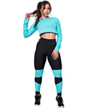 Conjunto Fitness Legging Preta + Cropped Telinha Azul Turquesa