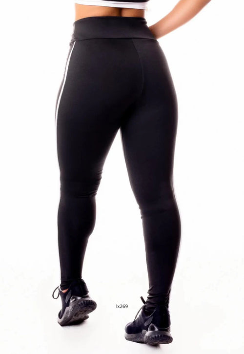Calça Legging Preta Cintura Alta com Detalhe Lateral em Vivo Branco