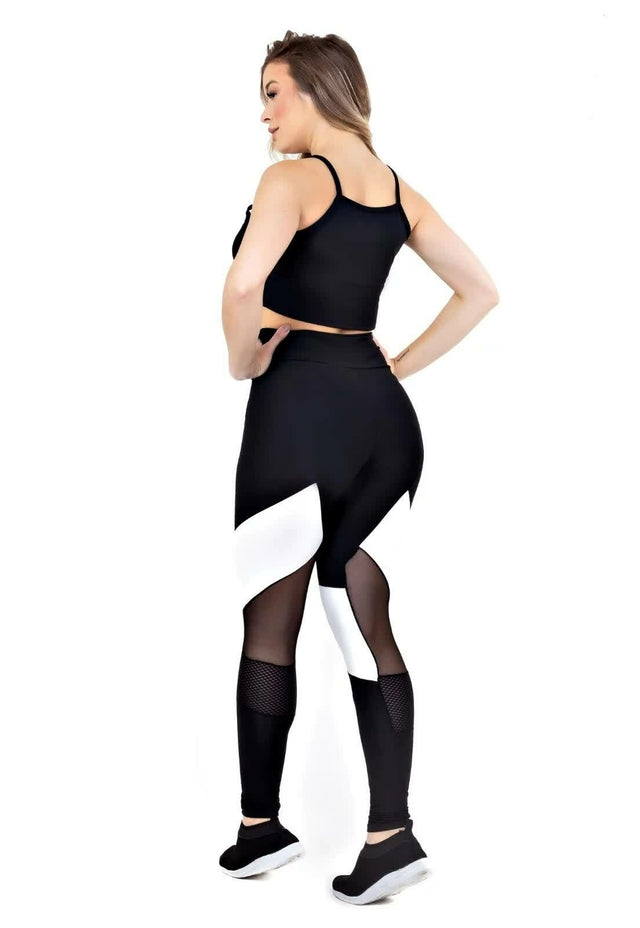 Conjunto Fitness – Legging com Detalhe Branco e Tela  e Cropped de Alcinha com Tela no Busto