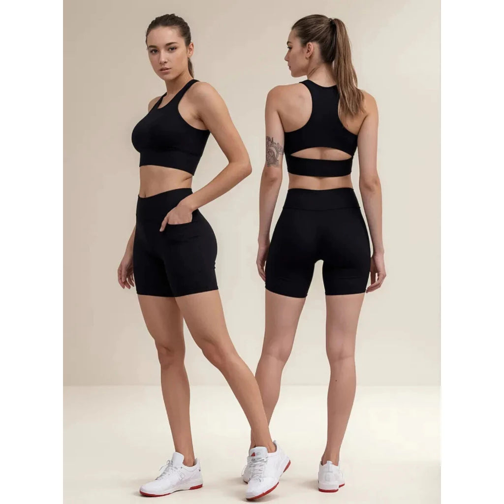 Conjunto Feminino Top + Shorts Segunda Pele com Bolso Proteção Solar UV50