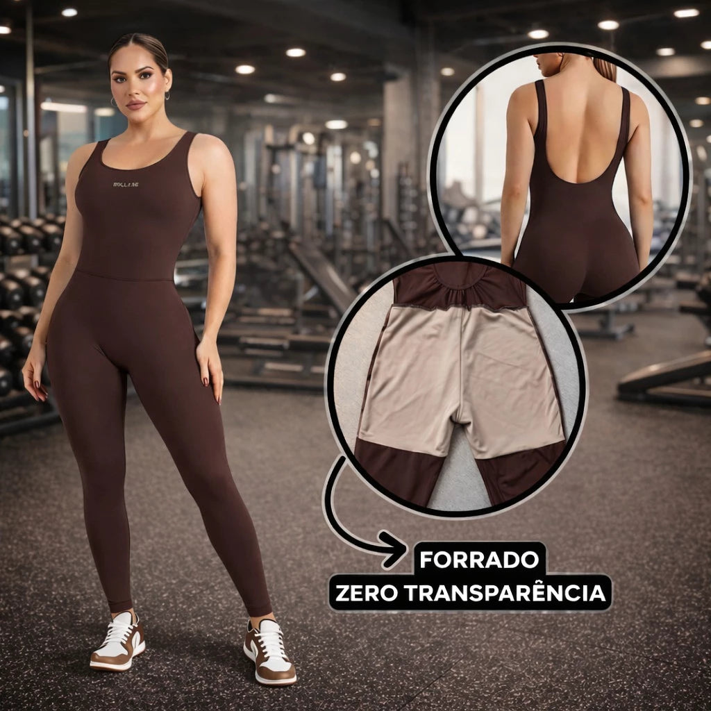 Macacão Fitness Longa Forrado Costas Abertas Zero Transparência