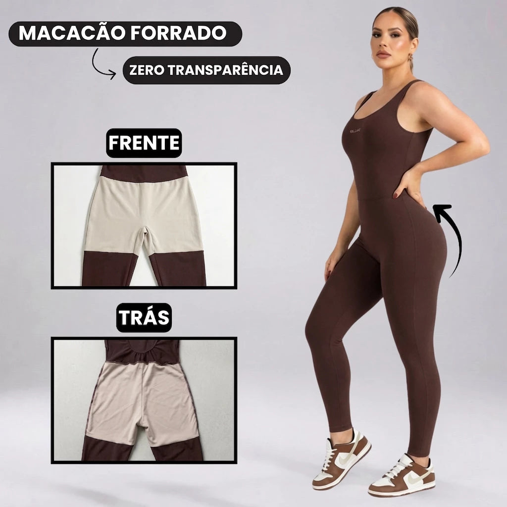 Macacão Fitness Longa Forrado Costas Abertas Zero Transparência
