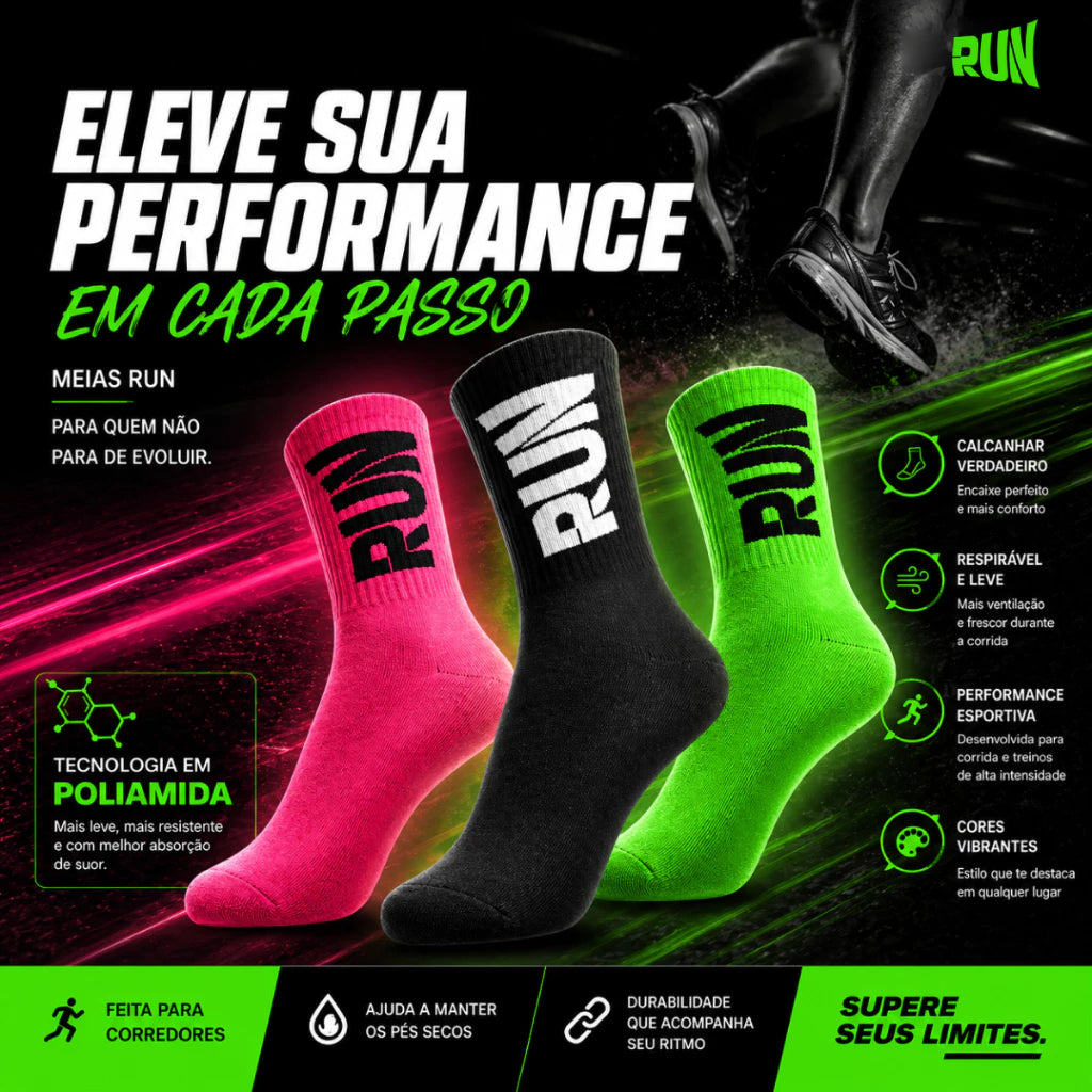 Kit 3 Pares Meias Corrida Poliamida Cano Alto Caminhada Esportiva Cores Vibrantes Unissex