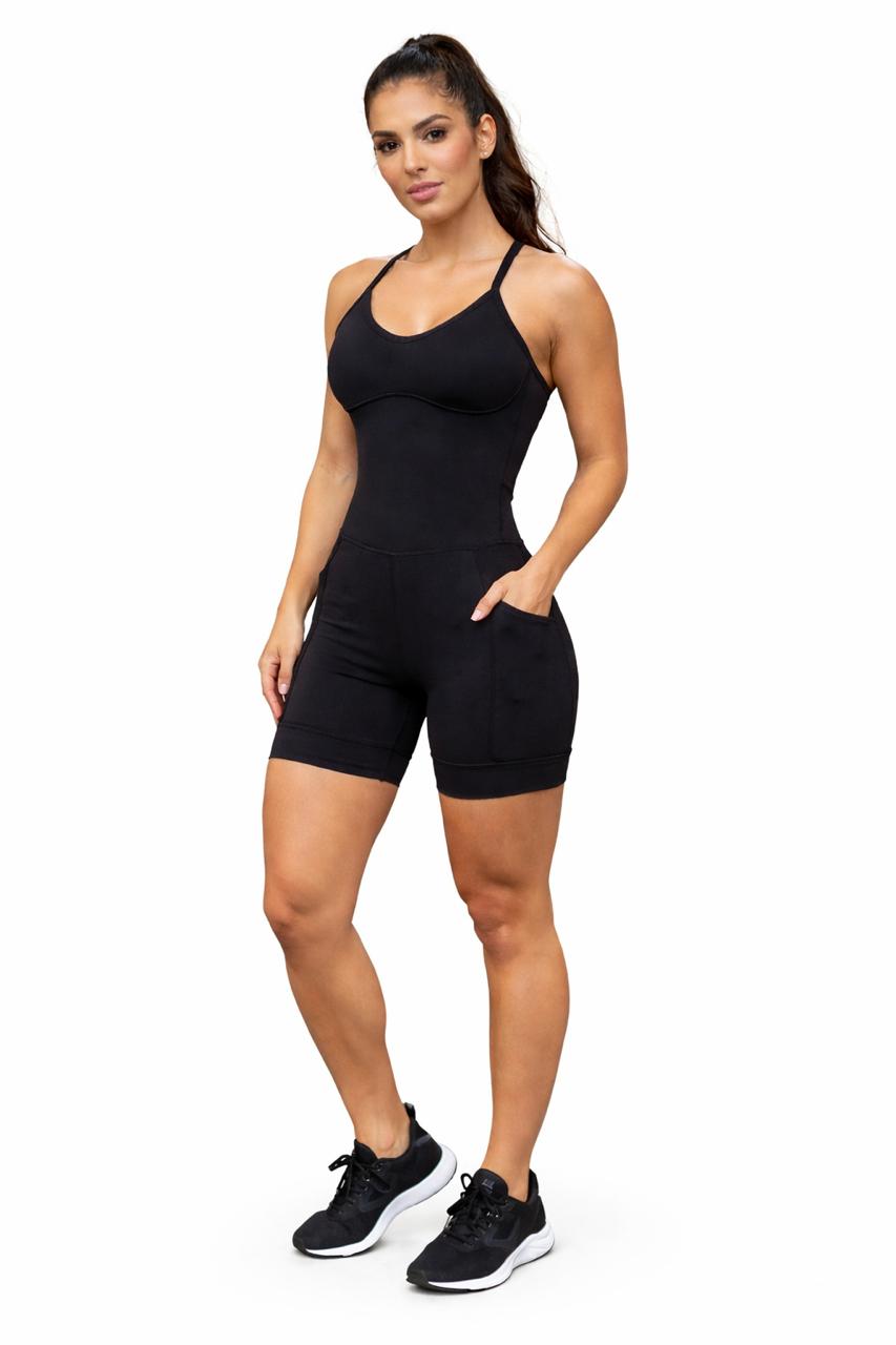 Macaquinho Fitness Preto com Bojo Removível e Bolso Lateral – Modelagem Premium em Poliamida com Alta Compressão