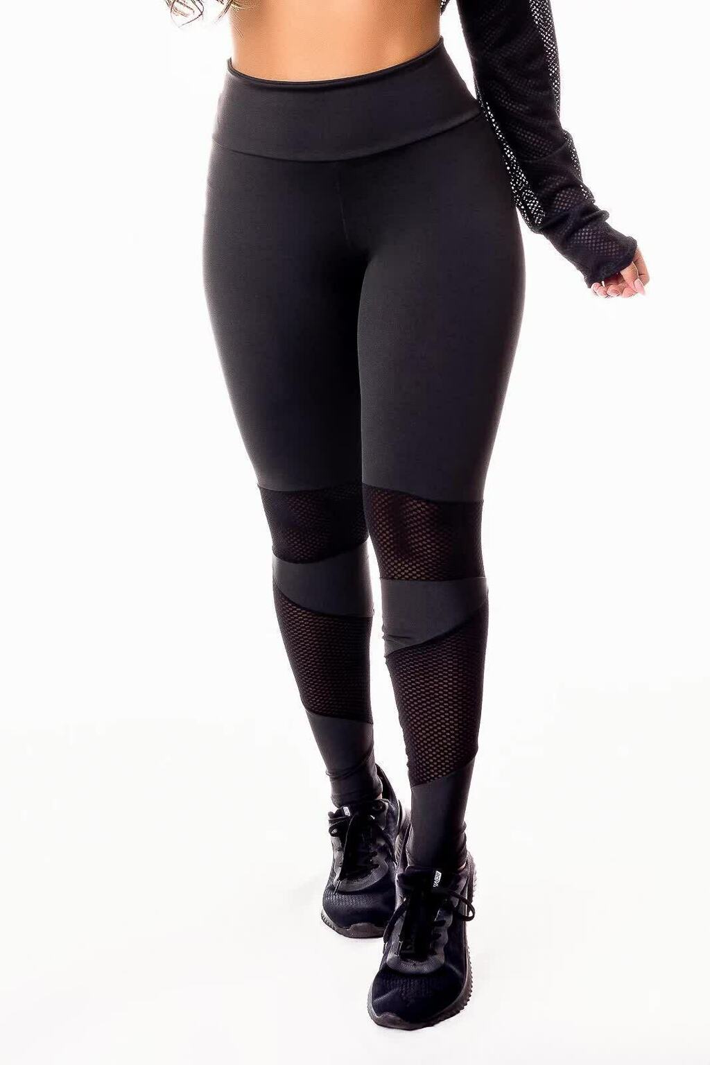 Calça Legging Preta Cintura Alta com Detalhe em Tela Dry Fit