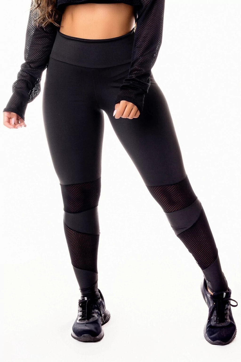 Calça Legging Preta Cintura Alta com Detalhe em Tela Dry Fit