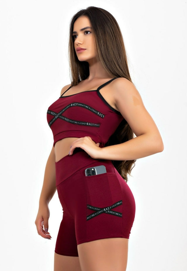 Conjunto Fitness Feminino Cropped de Alcinha e Short Cintura Alta Marsala