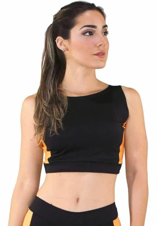 Cropped Fitness Preto com Detalhe Amarelo