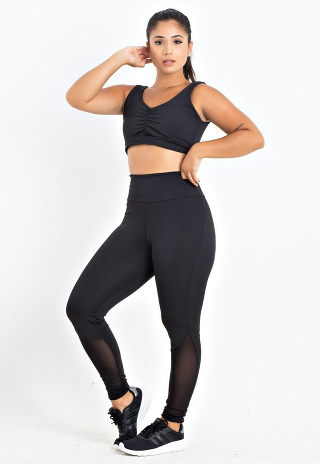 Conjunto Calça Legging com Tela e  Cropped Preto