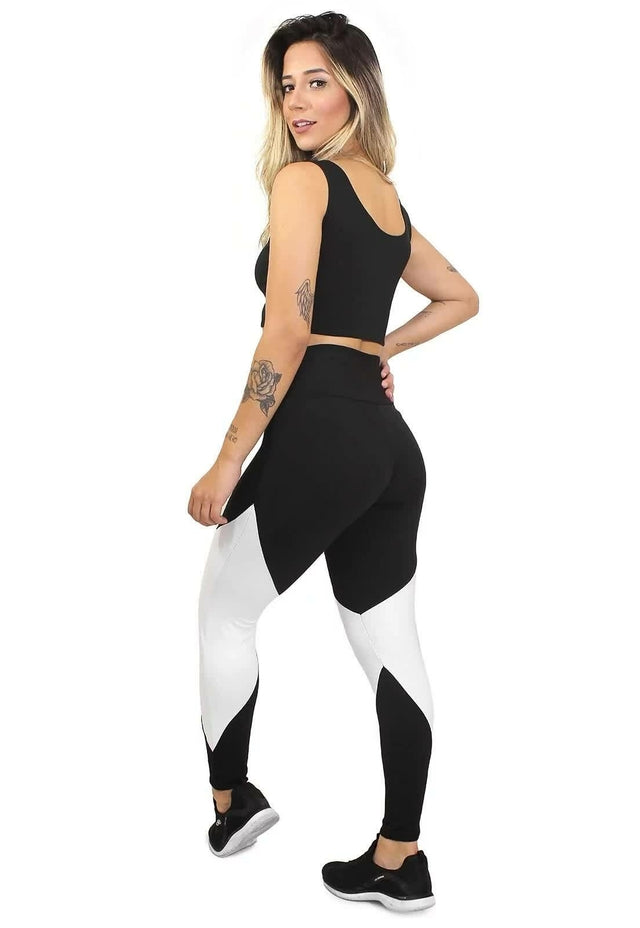 Conjunto Fitness Power Max – Cropped Preto e Legging Bicolor