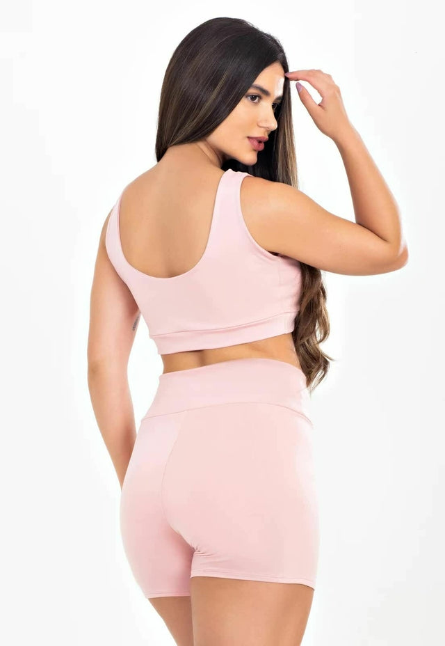 Conjunto Fitness Rosé – Shorts com Cordão Fake e Cropped Alças largas