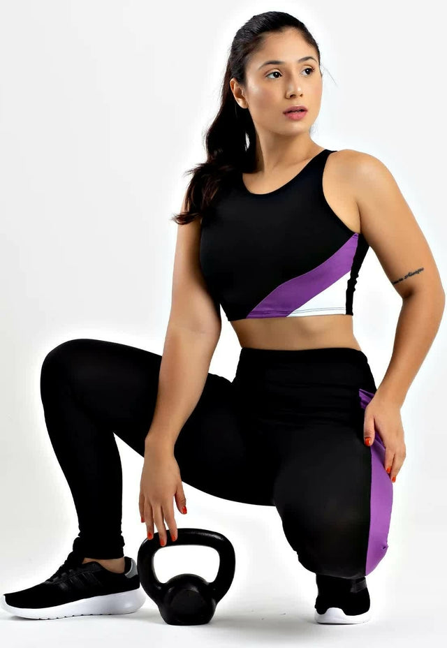 Conjunto Cropped + Calça Legging Preto com Roxo e Branco