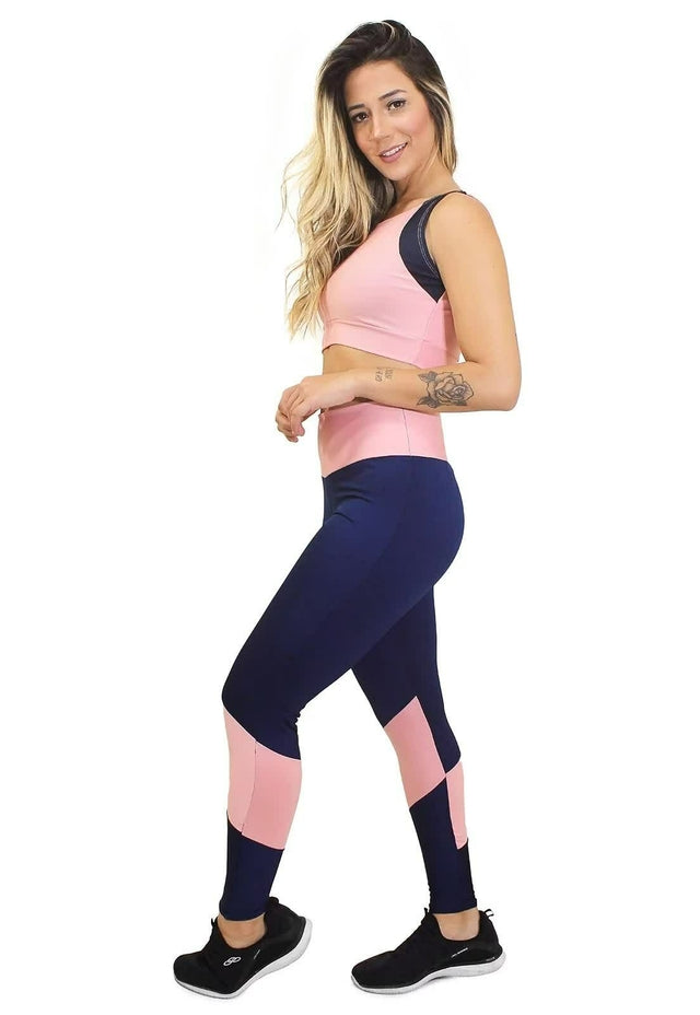 Conjunto Fitness Rosé e Azul – Calça Legging e Cropped