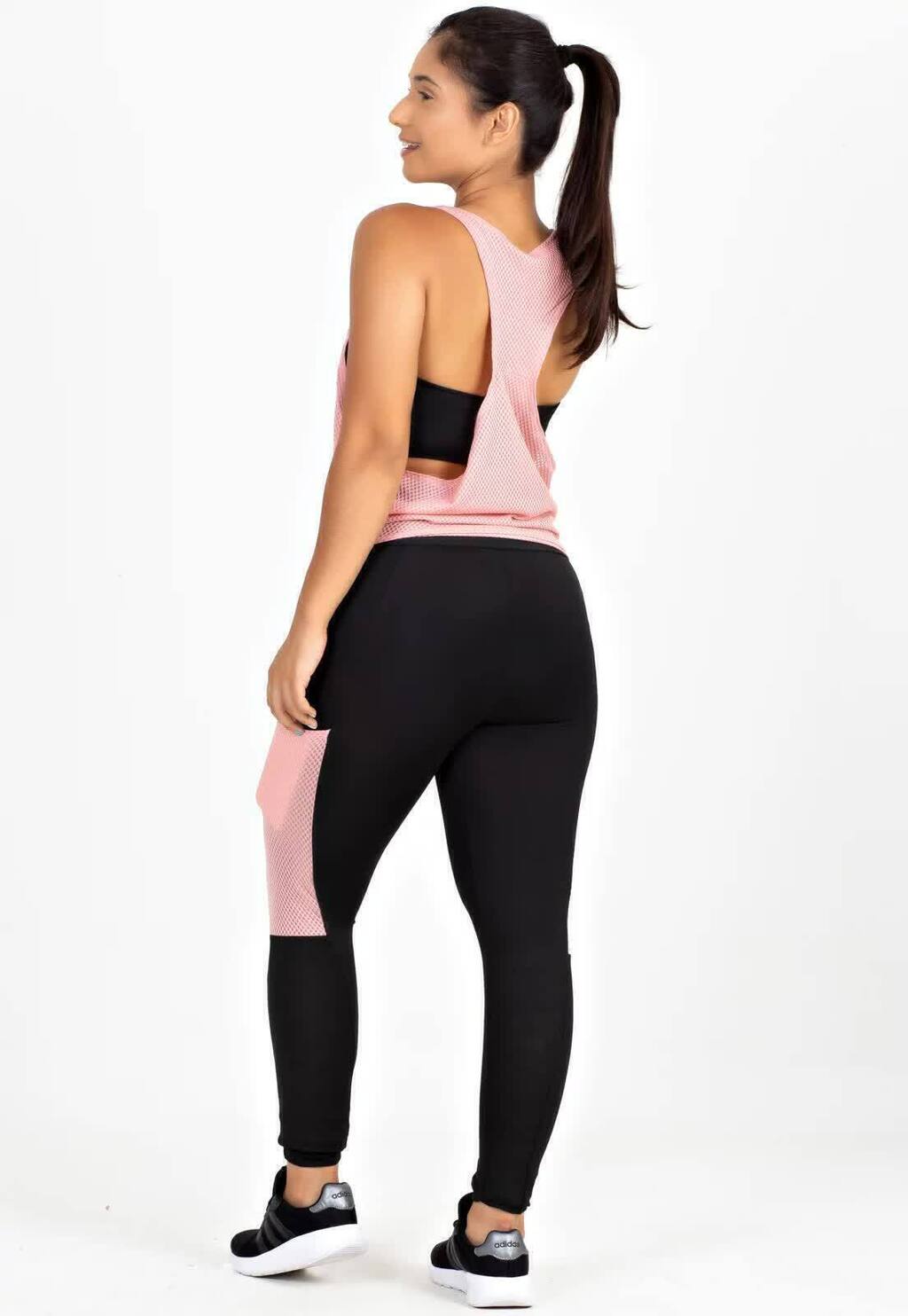 Conjunto Calça Legging com Bolso em Tela Dry + Regata de Tela + Top Tomara que Caia Preto com Rosé