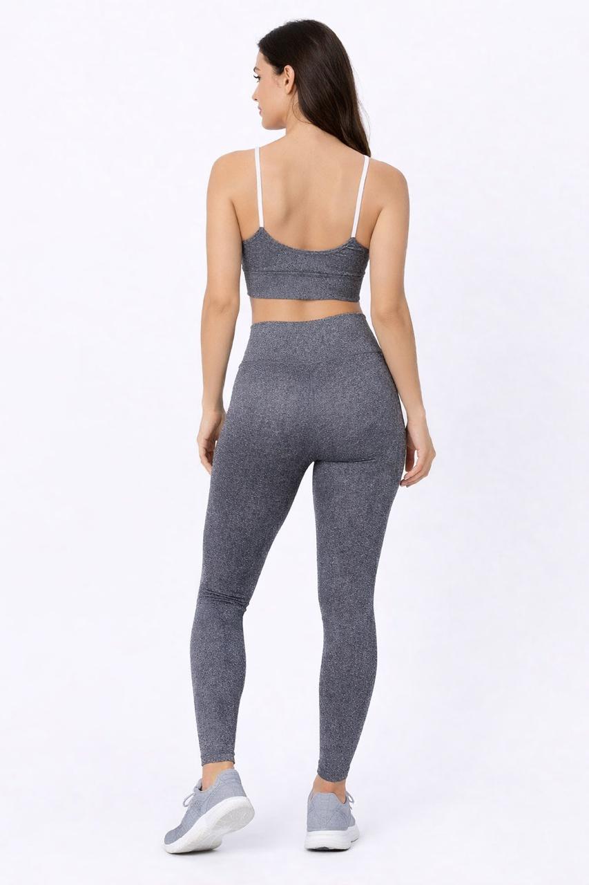 Conjunto Fitness Mescla Cinza – Cropped de Alças + Legging Cintura Alta