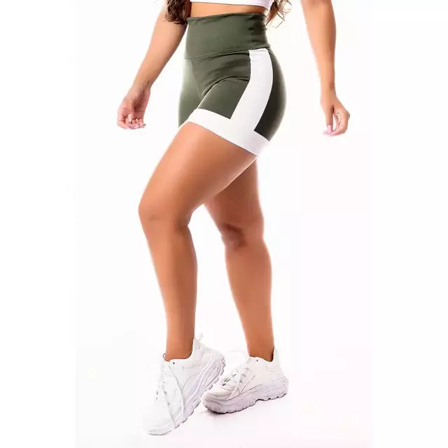 Short Fitness Academia Verde Militar com Branco Cintura Alta