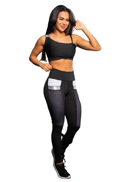 Conjunto Fitness Calça Legging com Bolso de Tela + Cropped Preto com Elásticos