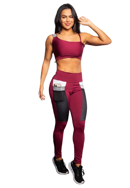 Conjunto Fitness Feminino Marsala – Calça Legging Cropped com Bolso em Tela + Cropped com Detalhe de Alça em Elástico