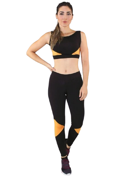 Conjunto Fitness Feminino Preto com Detalhe Amarelo – Legging + Cropped