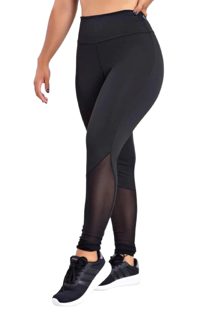 Legging Preta Cintura Alta com Detalhe em Tela Transparente na Panturrilha