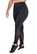 Legging Preta Cintura Alta com Detalhe em Tela Transparente na Panturrilha