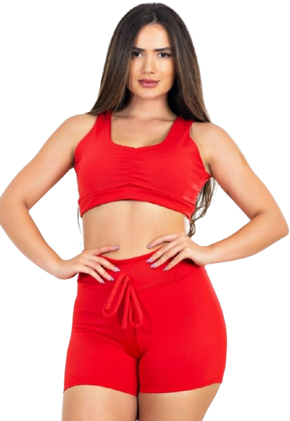 Conjunto Fitness Vermelho – Short com Cadarço Fake + Cropped Regata com Franzido