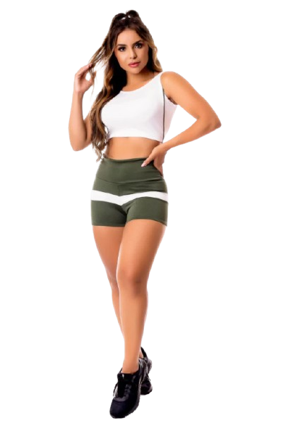 Conjunto Fitness Verde Militar com Branco – Short Cintura Alta e Cropped Regata