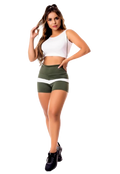 Conjunto Fitness Verde Militar com Branco – Short Cintura Alta e Cropped Regata