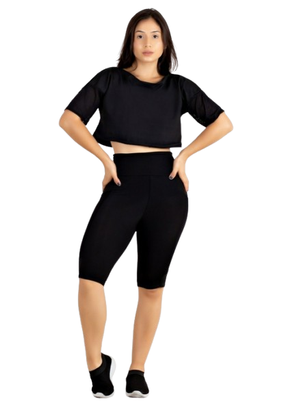 Conjunto Fitness Preto Bermuda com Bolso em Tela e Cropped