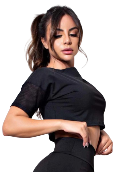 Cropped Fitness Preto com Manga e Detalhe em Tela