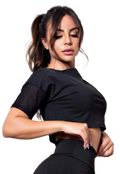 Cropped Fitness Preto com Manga e Detalhe em Tela