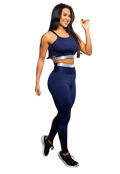 onjunto Fitness Azul Marinho – Cropped de Alcinha + Calça Legging Cintura Alta com Detalhes em Elástico Cinza