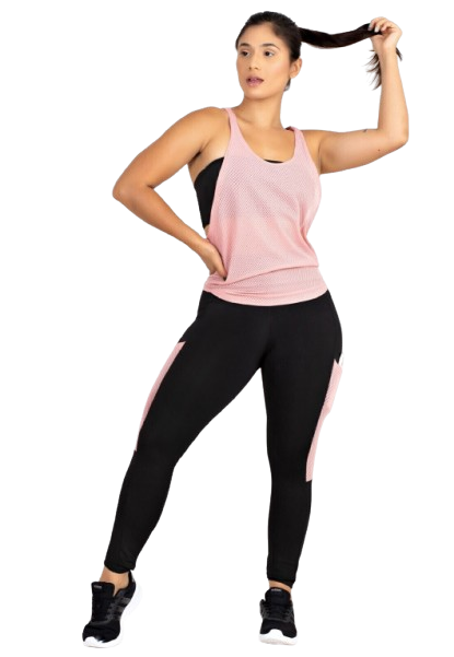 Conjunto Calça Legging com Bolso em Tela Dry + Regata de Tela + Top Tomara que Caia Preto com Rosé