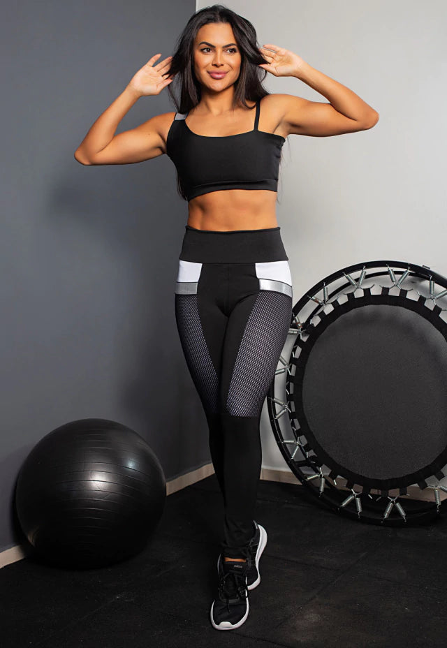Conjunto Fitness Calça Legging com Bolso de Tela + Cropped Preto com Elásticos