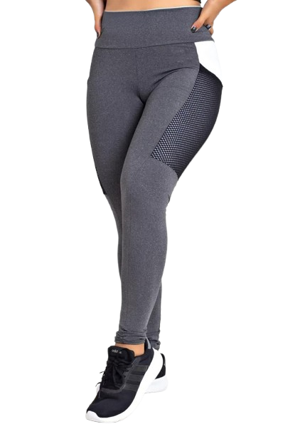 Calça Legging Cinza com Detalhe Branco e Bolso Lateral em Tela